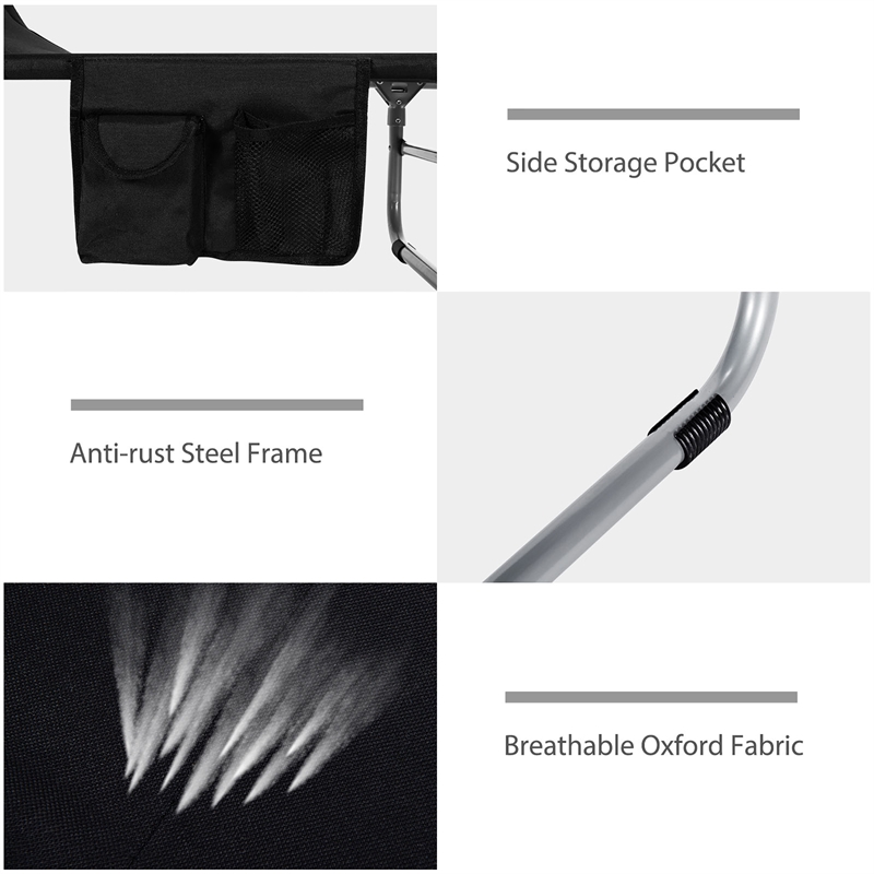 Pemberly Row Foldable Sun Shading Lounge Chair Adjustable Beach Recliner Black