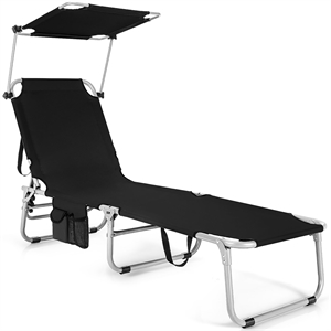Pemberly Row Foldable Sun Shading Lounge Chair Adjustable Beach Recliner Black