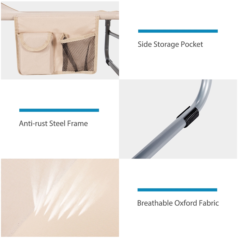 Pemberly Row Foldable Sun Shading Lounge Chair Adjustable Beach Recliner Beige