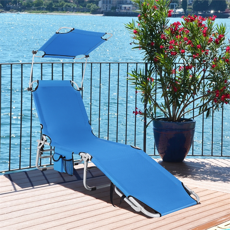 Pemberly Row Foldable Sun Shading Lounge Chair Adjustable Beach Recliner Blue