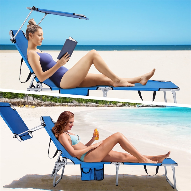 Pemberly Row Foldable Sun Shading Lounge Chair Adjustable Beach Recliner Blue
