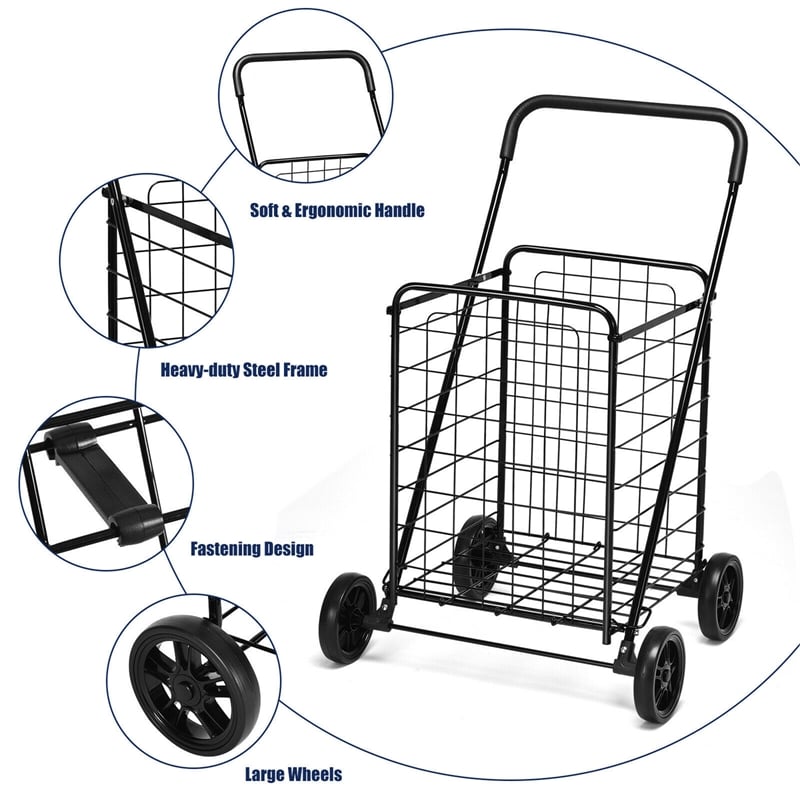 Pemberly Row Folding Shopping Cart Utility Trolley Portable For Grocery Black