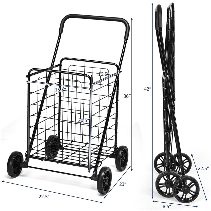 Pemberly Row Folding Shopping Cart Utility Trolley Portable For Grocery Black