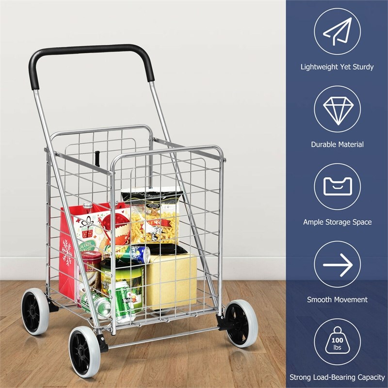 Pemberly Row Folding Shopping Cart Utility Trolley Portable For Grocery Silver