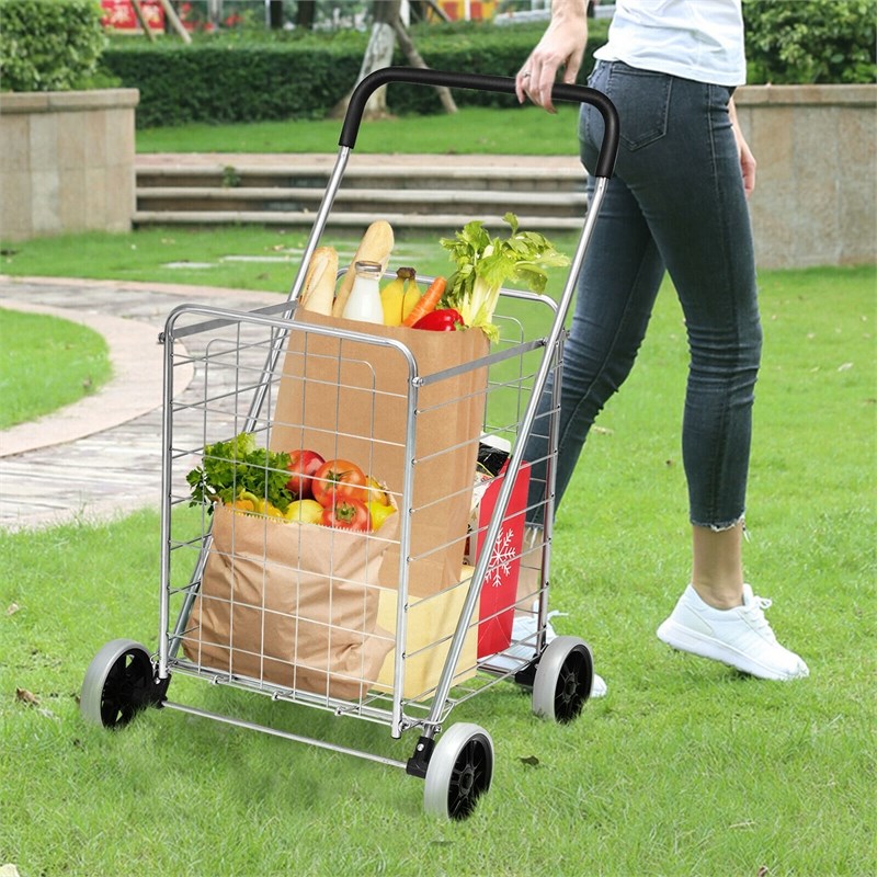 Pemberly Row Folding Shopping Cart Utility Trolley Portable For Grocery Silver