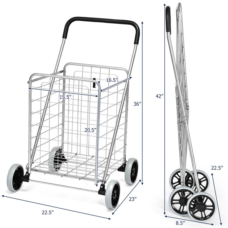 Pemberly Row Folding Shopping Cart Utility Trolley Portable For Grocery Silver