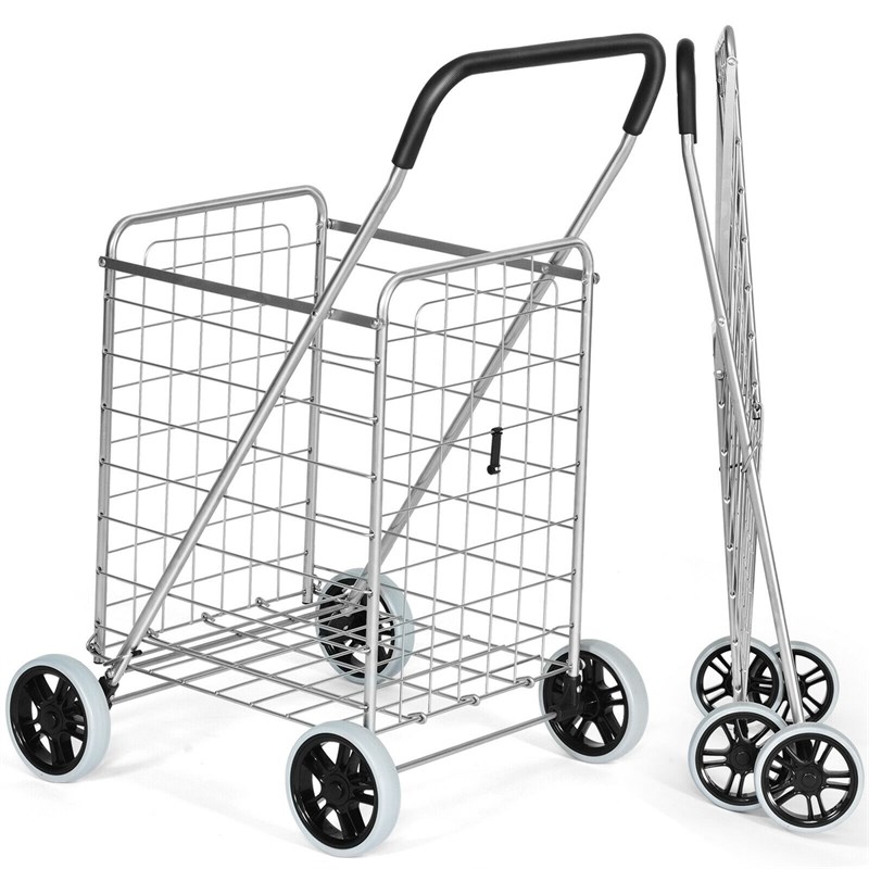 Pemberly Row Folding Shopping Cart Utility Trolley Portable For Grocery Silver