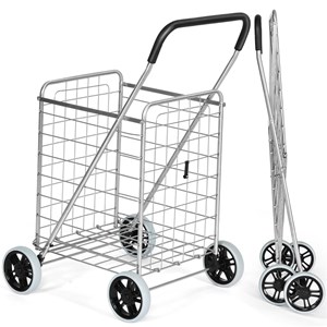 Pemberly Row Folding Shopping Cart Utility Trolley Portable For Grocery Silver