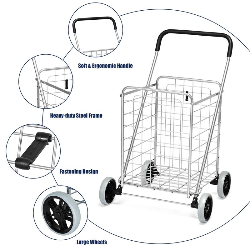 Pemberly Row Folding Shopping Cart Utility Trolley Portable For Grocery Silver