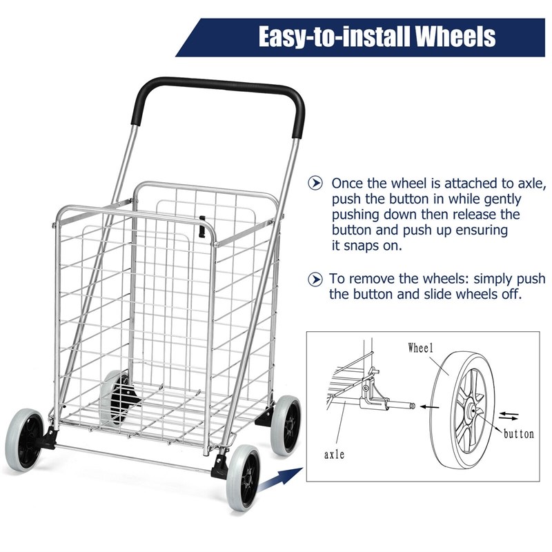 Pemberly Row Folding Shopping Cart Utility Trolley Portable For Grocery Silver