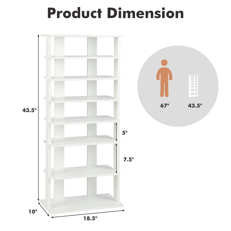 Pemberly Row 7 Tier Double Rows Shoe Rack Vertical Wooden Organizer White
