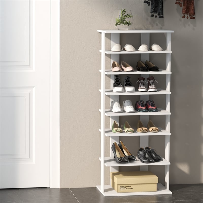 Pemberly Row 7 Tier Double Rows Shoe Rack Vertical Wooden Organizer White