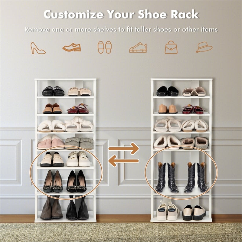 Pemberly Row 7 Tier Double Rows Shoe Rack Vertical Wooden Organizer White