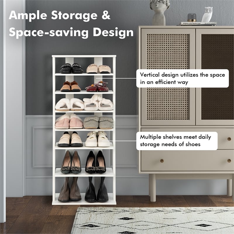 Pemberly Row 7 Tier Double Rows Shoe Rack Vertical Wooden Organizer White