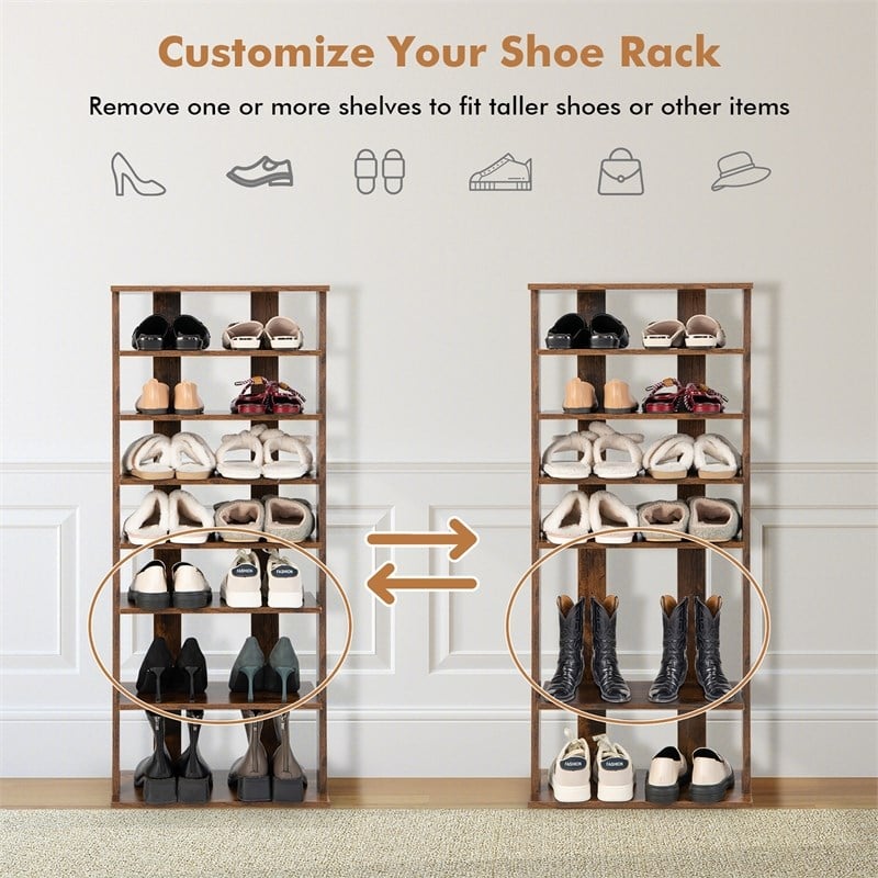 Pemberly Row 7 Tier Double Rows Shoe Rack Vertical Wooden Organizer Brown