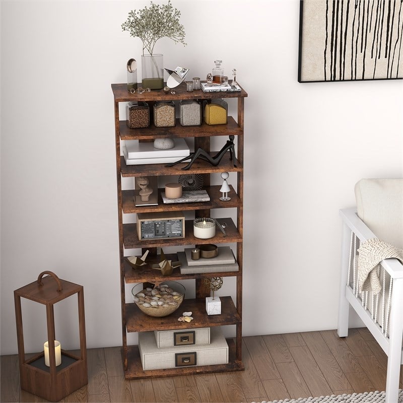 Pemberly Row 7 Tier Double Rows Shoe Rack Vertical Wooden Organizer Brown