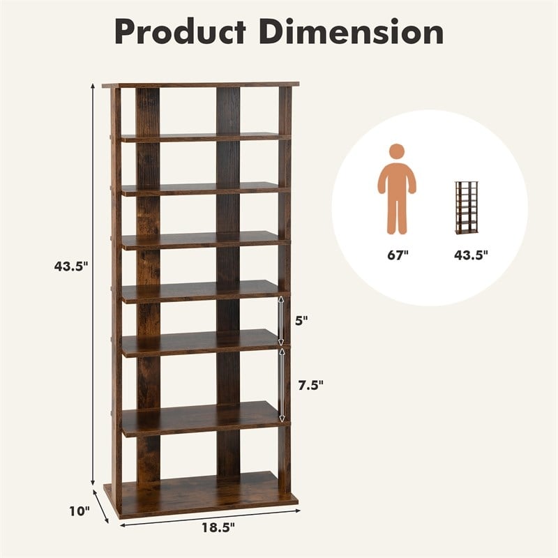 Pemberly Row 7 Tier Double Rows Shoe Rack Vertical Wooden Organizer Brown