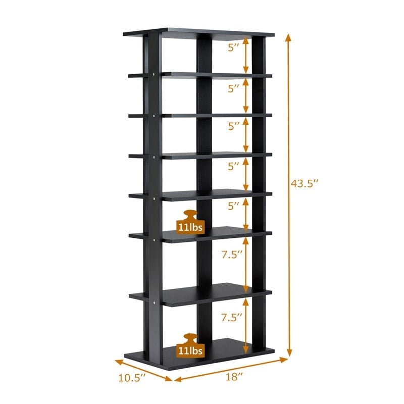 Pemberly Row 7 Tier Double Rows Shoe Rack Vertical Wooden Organizer Black