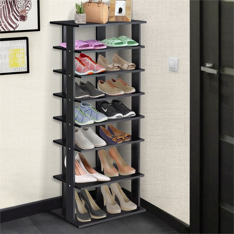 Pemberly Row 7 Tier Double Rows Shoe Rack Vertical Wooden Organizer Black