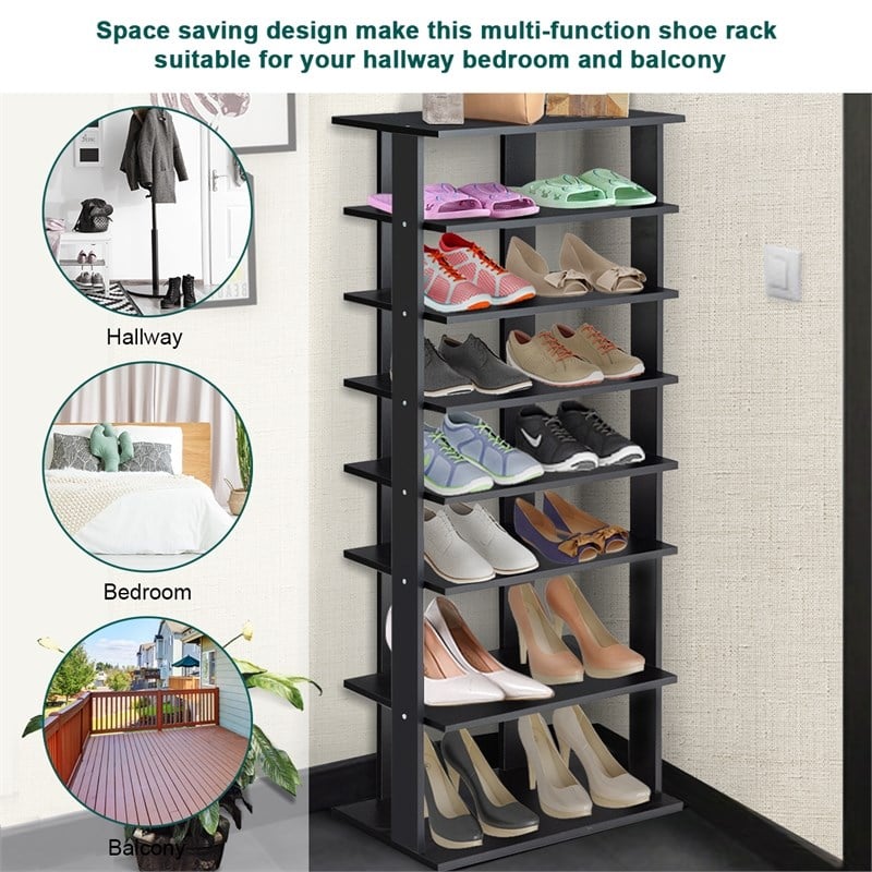 Pemberly Row 7 Tier Double Rows Shoe Rack Vertical Wooden Organizer Black