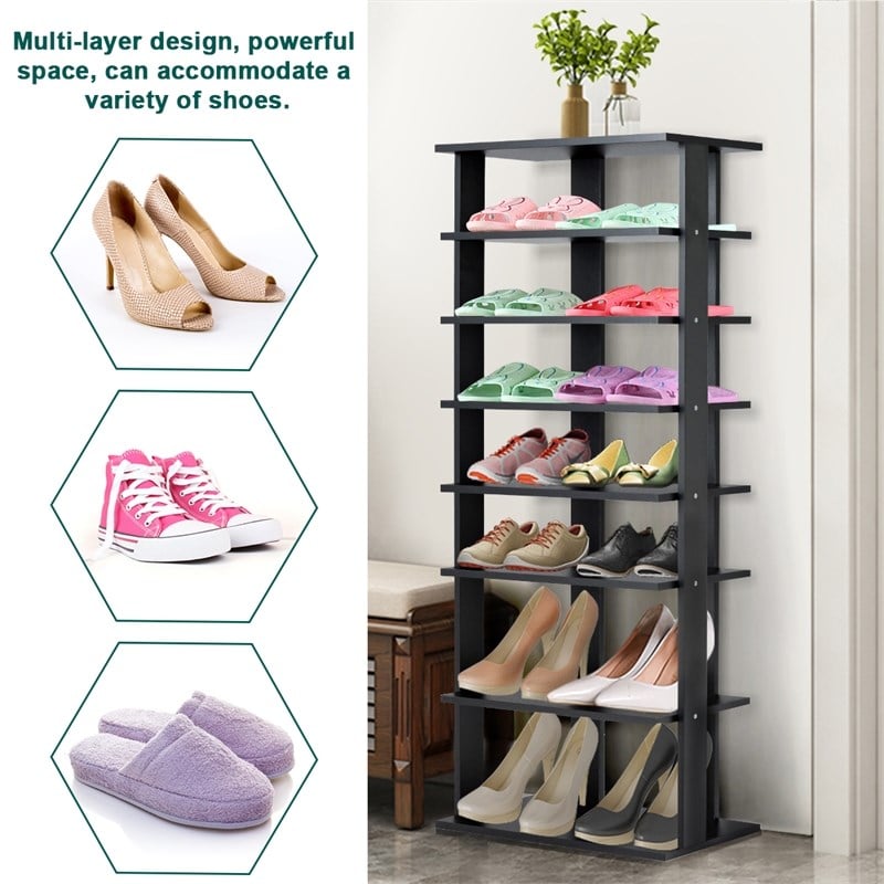 Pemberly Row 7 Tier Double Rows Shoe Rack Vertical Wooden Organizer Black