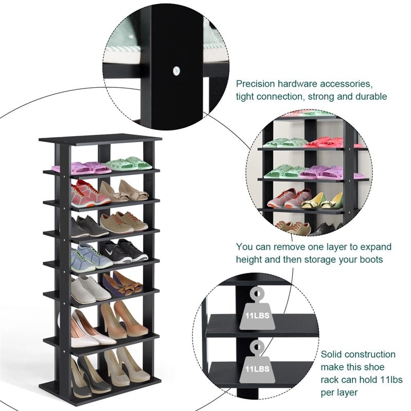 Pemberly Row 7 Tier Double Rows Shoe Rack Vertical Wooden Organizer Black