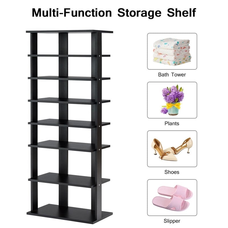 Pemberly Row 7 Tier Double Rows Shoe Rack Vertical Wooden Organizer Black