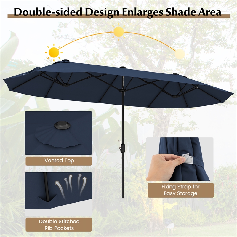 Pemberly Row 13FT Double sided Patio Umbrella w/Crank Handle Umbrella Base Navy