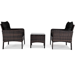 Pemberly Row 3PCS Outdoor Rattan Conversation Set Patio Garden Sofa Black