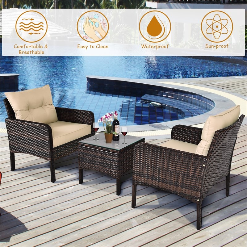 Pemberly Row 3PCS Outdoor Rattan Conversation Set Patio Garden Sofa Brown