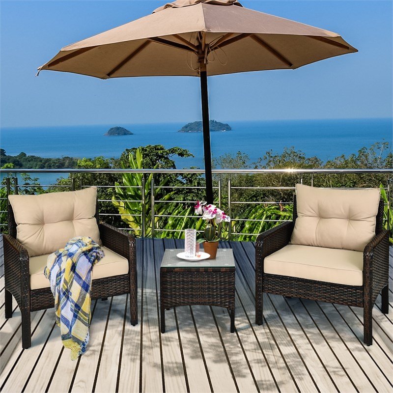 Pemberly Row 3PCS Outdoor Rattan Conversation Set Patio Garden Sofa Brown