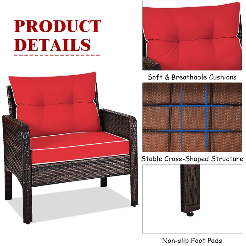 Pemberly Row 3PCS Outdoor Rattan Conversation Set Patio Garden Sofa Red