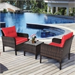 Pemberly Row 3PCS Outdoor Rattan Conversation Set Patio Garden Sofa Red