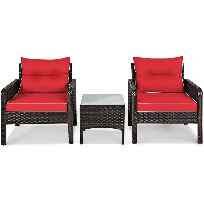 Pemberly Row 3PCS Outdoor Rattan Conversation Set Patio Garden Sofa Red
