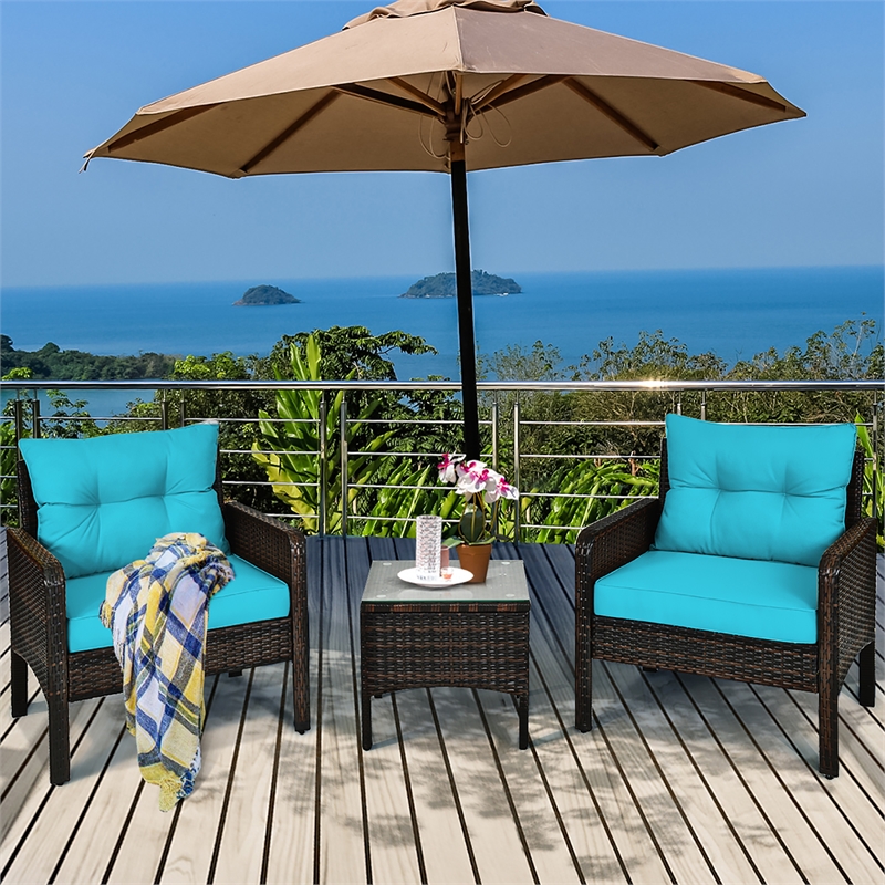 Pemberly Row 3PCS Outdoor Rattan Conversation Set Patio Garden Sofa Turquoise