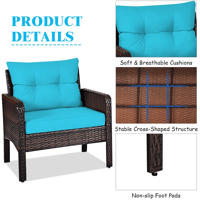 Pemberly Row 3PCS Outdoor Rattan Conversation Set Patio Garden Sofa Turquoise