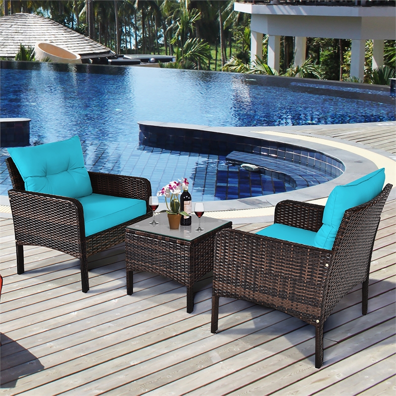 Pemberly Row 3PCS Outdoor Rattan Conversation Set Patio Garden Sofa Turquoise