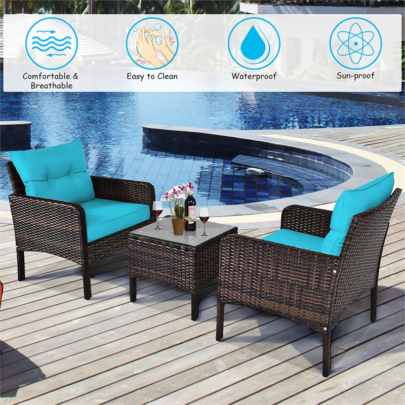 Pemberly Row 3PCS Outdoor Rattan Conversation Set Patio Garden Sofa Turquoise