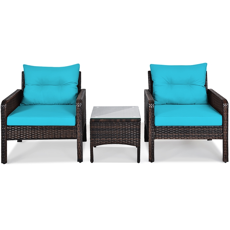 Pemberly Row 3PCS Outdoor Rattan Conversation Set Patio Garden Sofa Turquoise