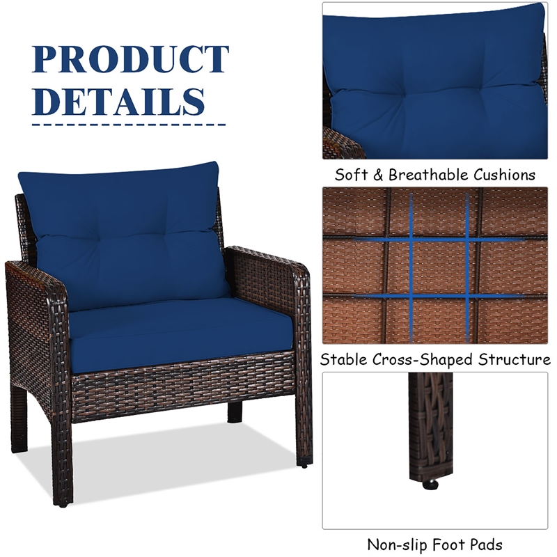 Pemberly Row 3PCS Outdoor Rattan Conversation Set Patio Garden Sofa Navy