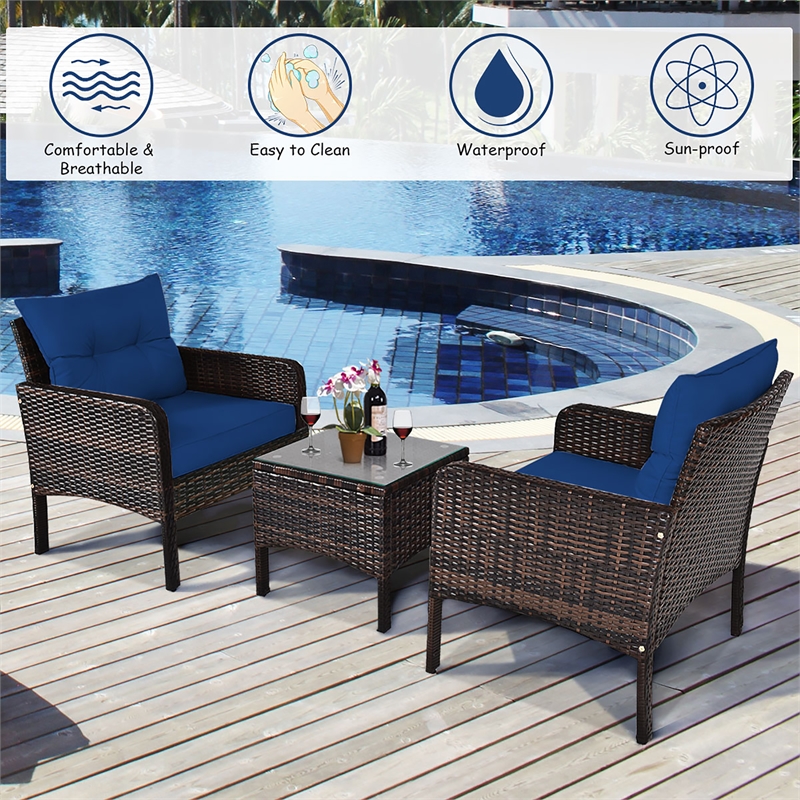Pemberly Row 3PCS Outdoor Rattan Conversation Set Patio Garden Sofa Navy