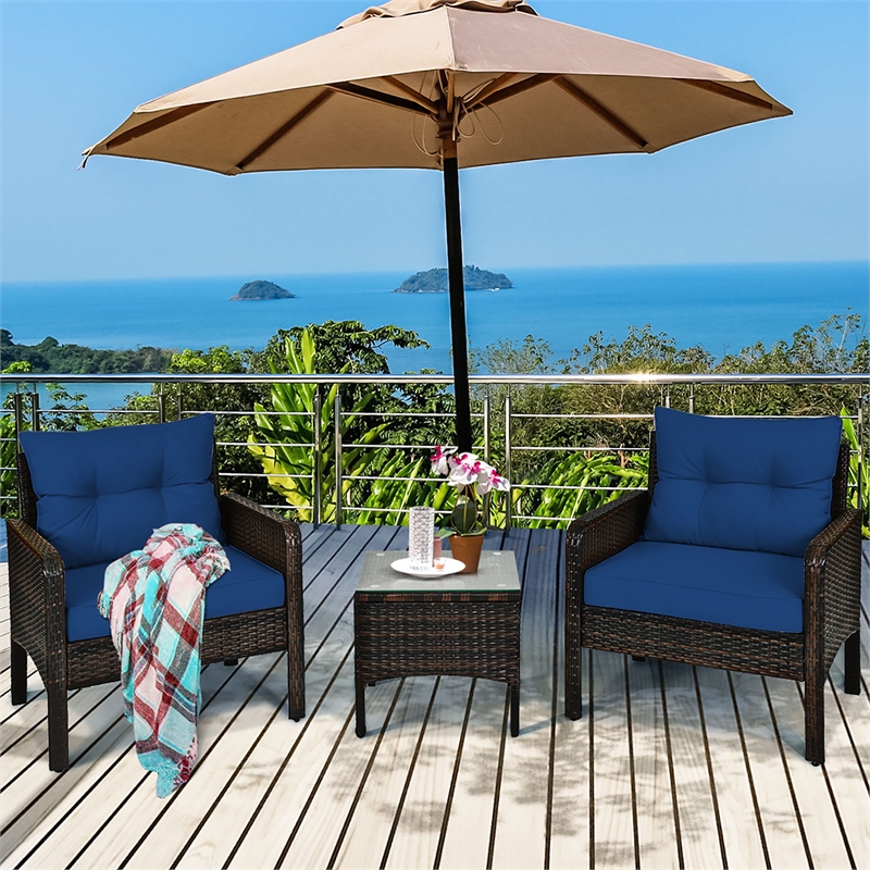 Pemberly Row 3PCS Outdoor Rattan Conversation Set Patio Garden Sofa Navy