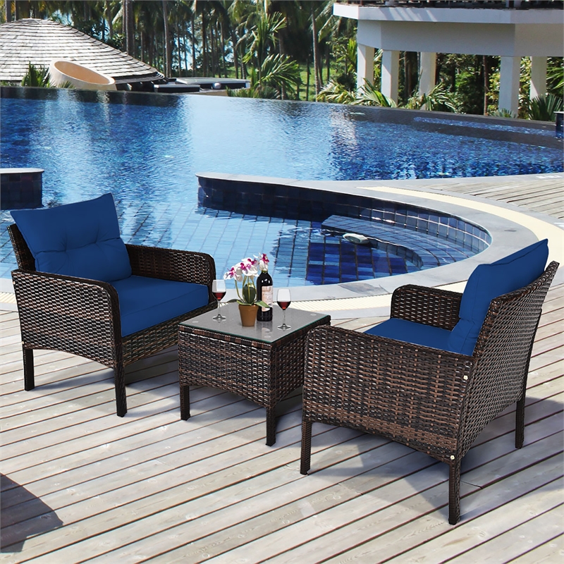 Pemberly Row 3PCS Outdoor Rattan Conversation Set Patio Garden Sofa Navy