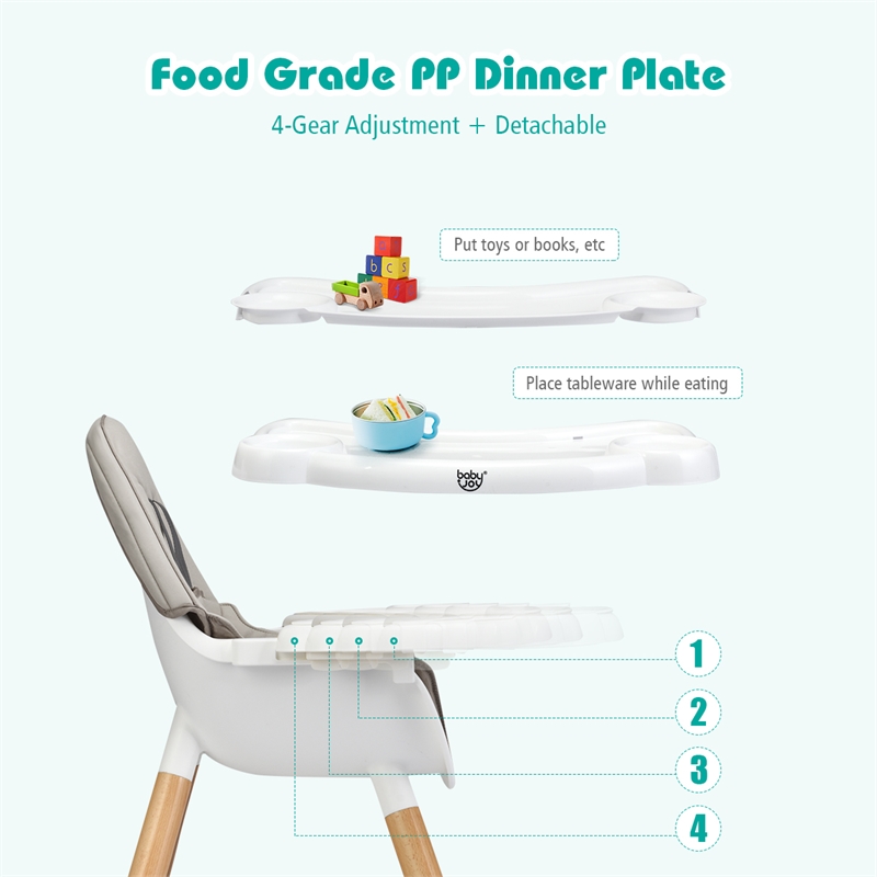 Pemberly Row Baby High Chair Infant Convertible Chair 5 Point Seat Belt Gray