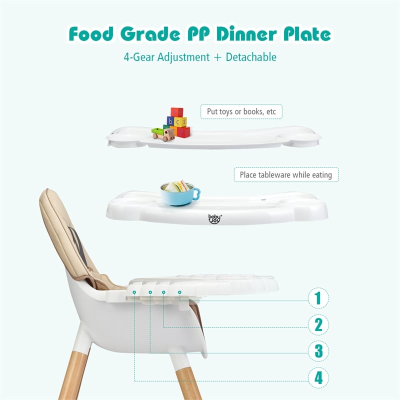 Pemberly Row Baby High Chair Infant Convertible Chair 5 Point Seat Belt Khaki