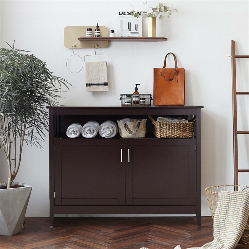 Pemberly Row Modern Kitchen Storage Cabinet Buffet Server Table Sideboard Brown