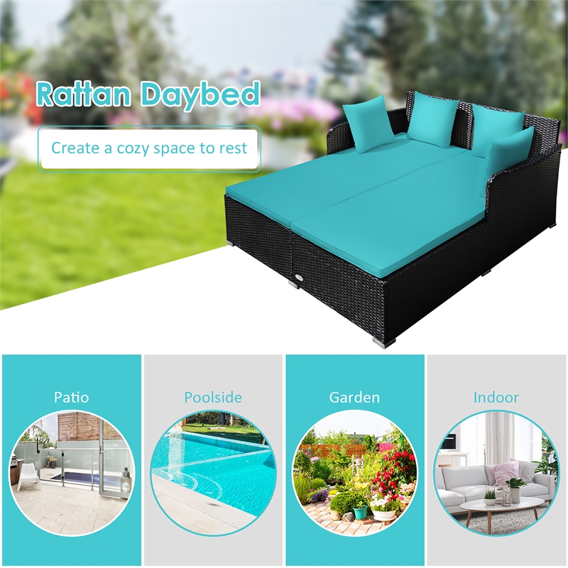 Pemberly Row Outdoor Patio Rattan Daybed Cushioned Sofa Furniture Turquoise