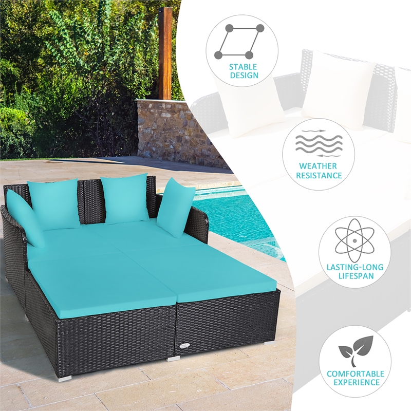 Pemberly Row Outdoor Patio Rattan Daybed Cushioned Sofa Furniture Turquoise
