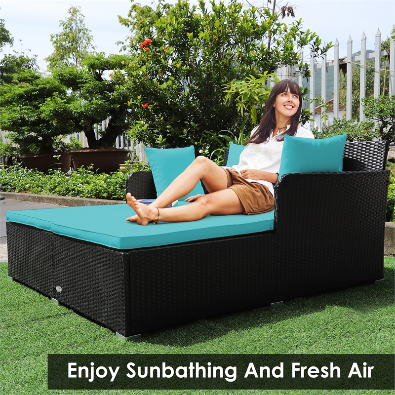 Pemberly Row Outdoor Patio Rattan Daybed Cushioned Sofa Furniture Turquoise