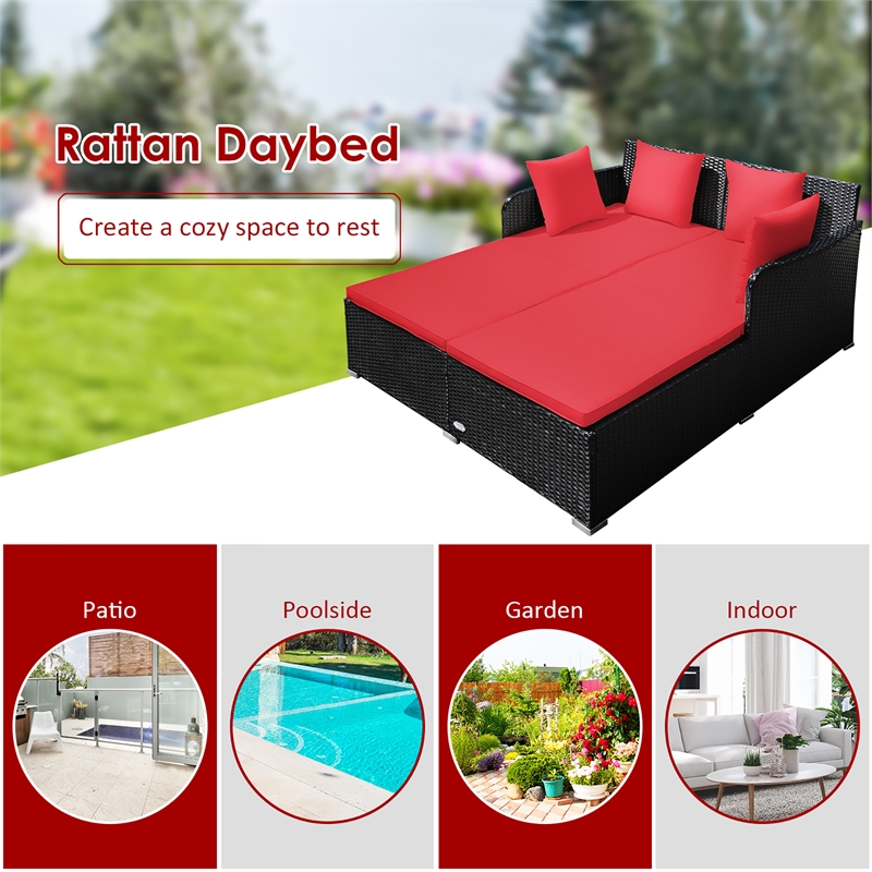 Pemberly Row Outdoor Patio Rattan Daybed Cushioned Sofa Furniture Red